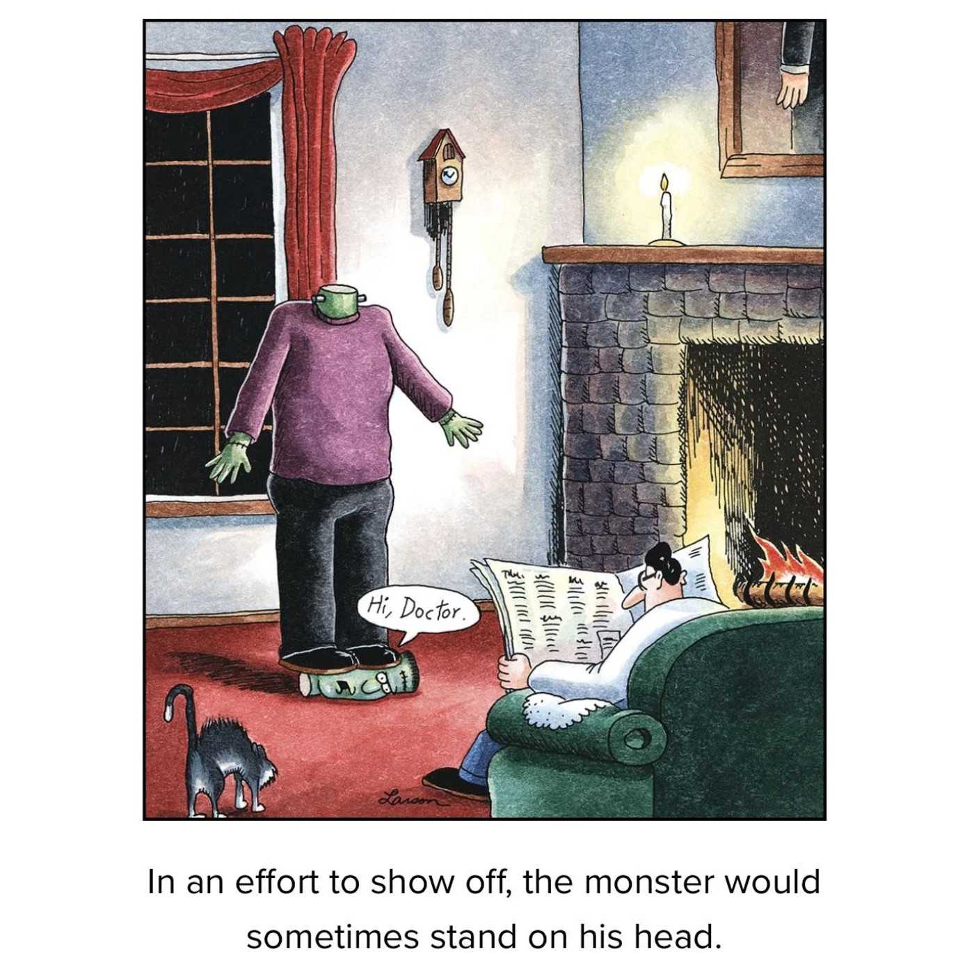 far side frankenstein standing on head comic