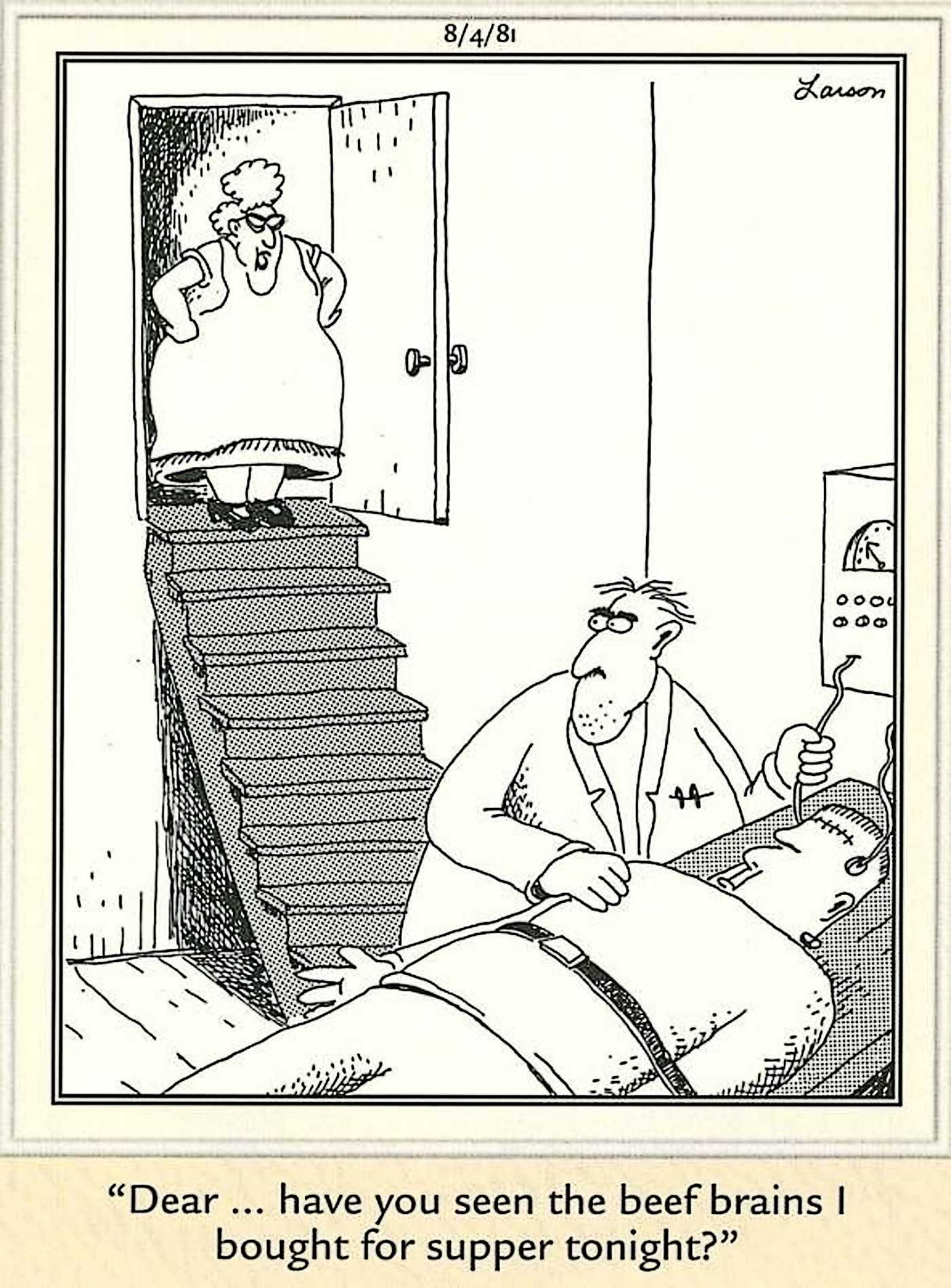 Far Side, Frankenstein used his wife's dinner plan for his monster