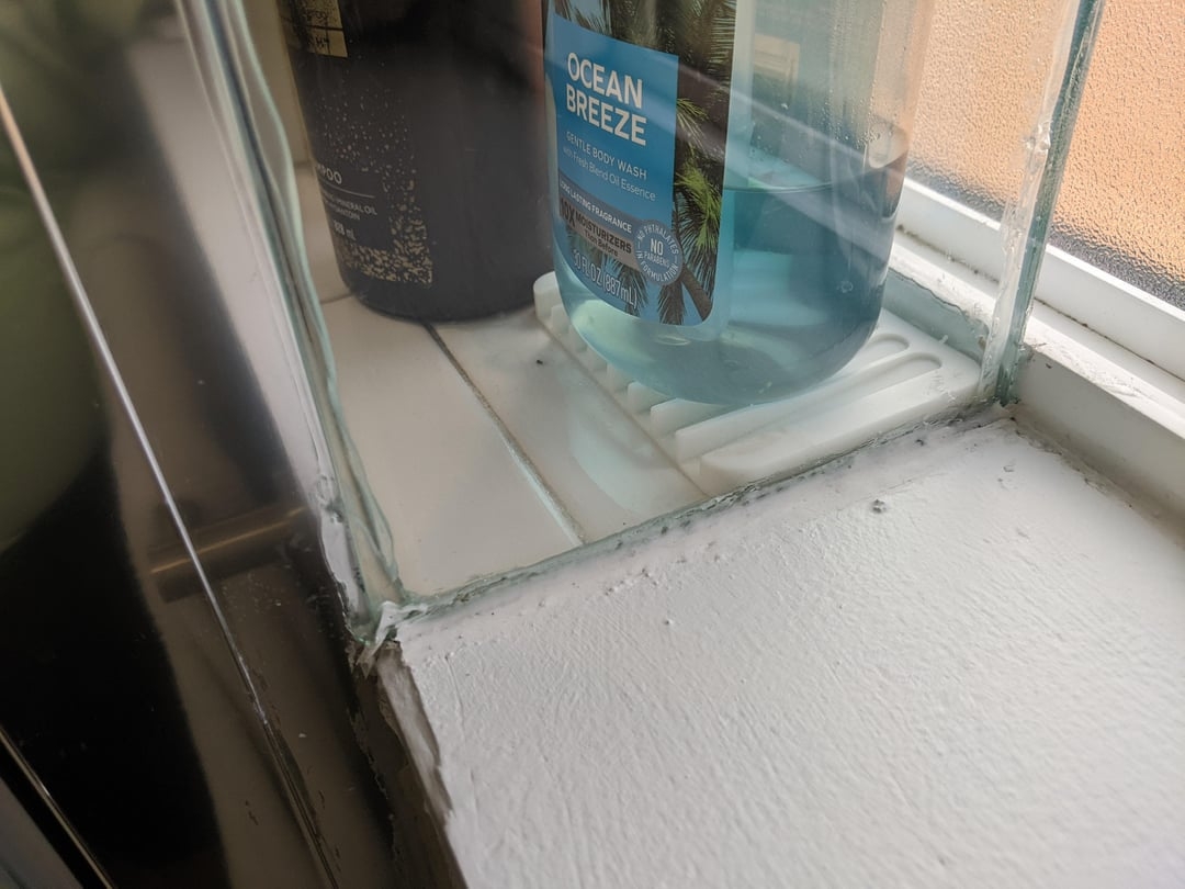 Shower bottles on a bathroom window ledge, including one labeled "Ocean Breeze."