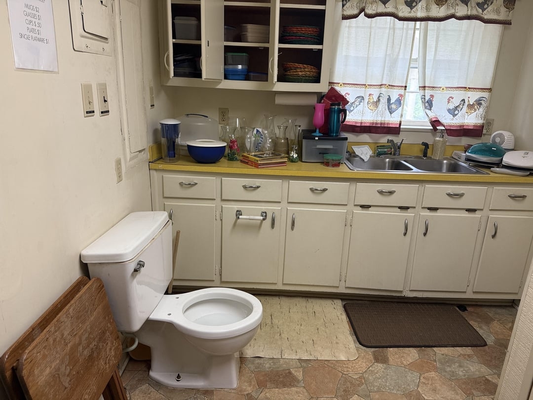 Toilet awkwardly installed in a kitchen, surrounded by typical kitchen items like dishes and a sink