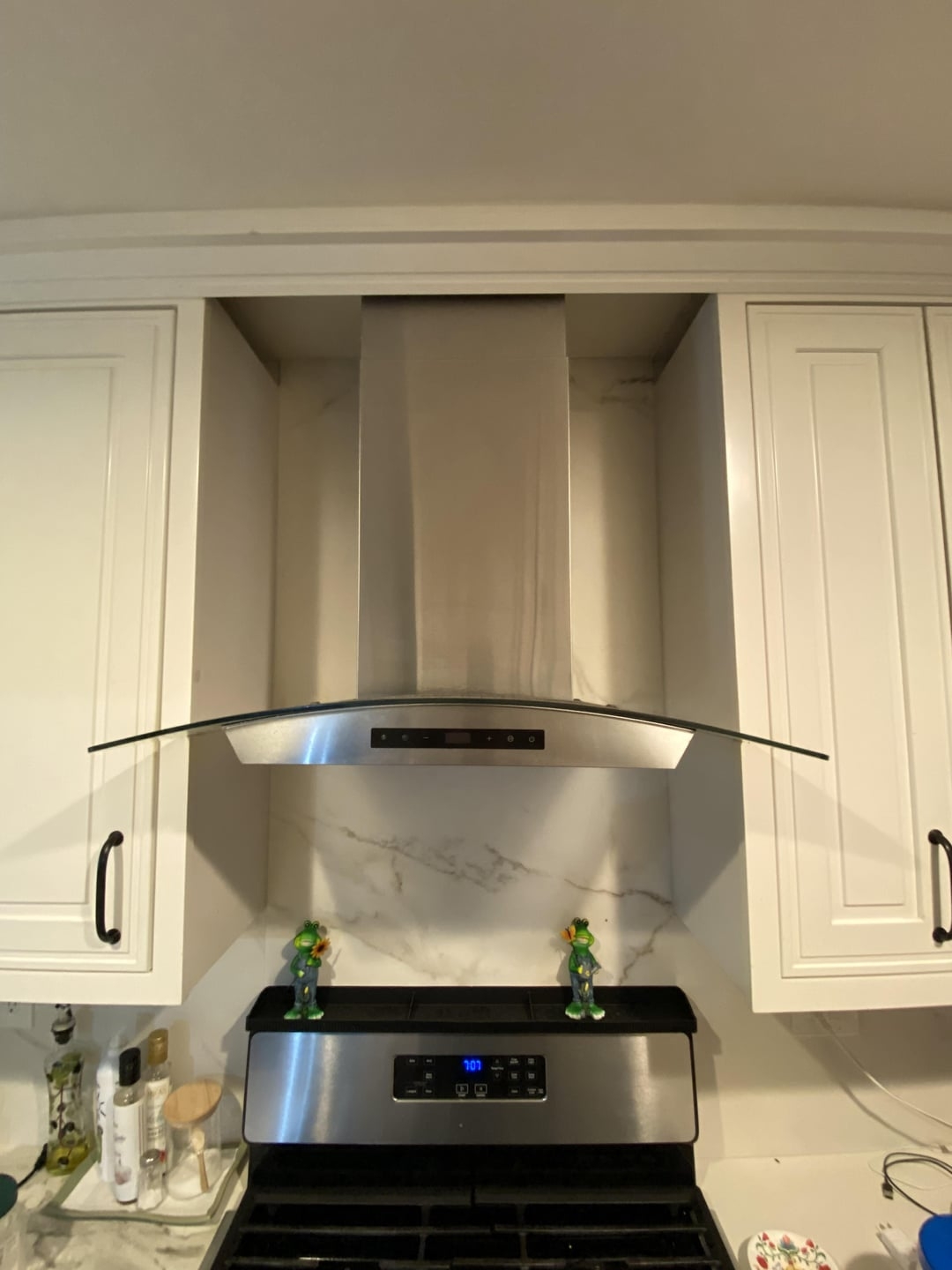 Kitchen with a modern stainless steel stove and hood, flanked by white cabinets. Green figurines sit on the stove’s back panel