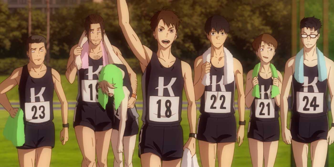 The Run With The Wind cast after a race with Haiji Kiyose in the middle waving.