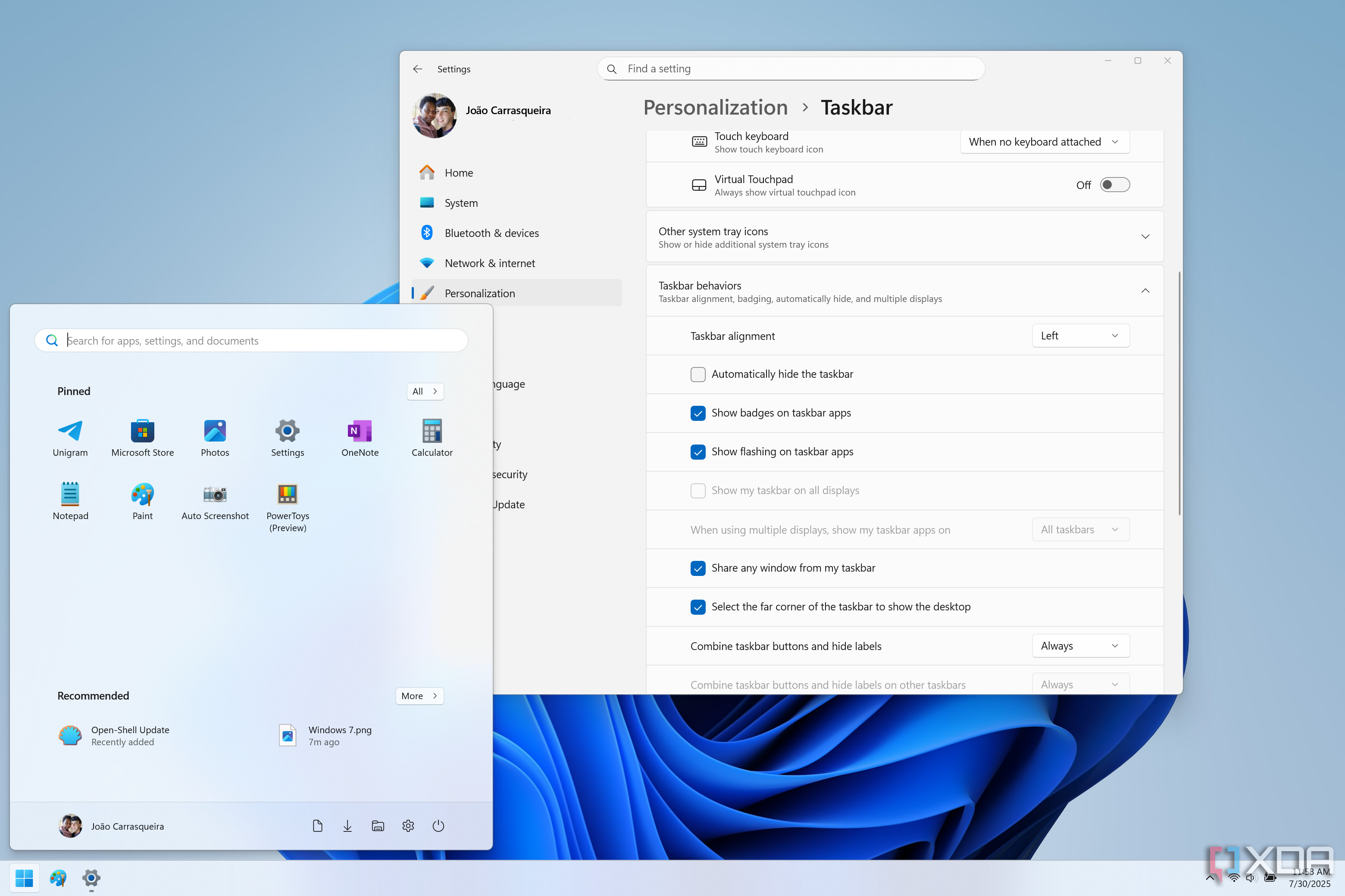 Screenshot of a Windows 11 desktop showing the taskbar aligned to the left with the corresponding setting in the Settings app
