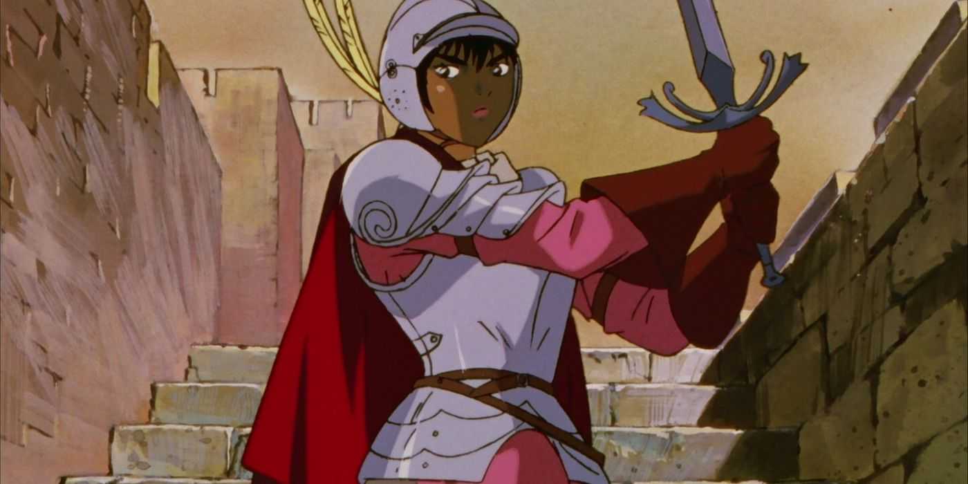Casca is in full armor, fighting in Doldrey Castle in the anime Berserk.