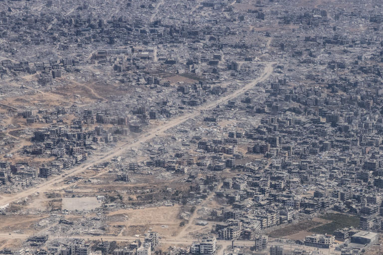 Tens of thousands of Jabalya residents fled this area last year, often passing through what they called “the roundabout of death,” an intersection of two main roads visible near the top of the image, where witnesses often reported that fleeing people were shot and killed.