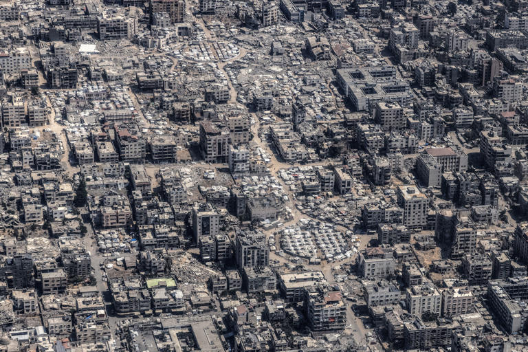 Many people are living in crowded tent settlements packed into roundabouts, courtyards and between rubble in Gaza City.