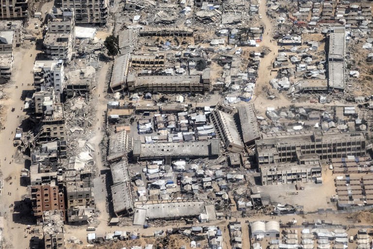 Destroyed schools in Gaza, seen from a Jordanian aid flight on July 30.