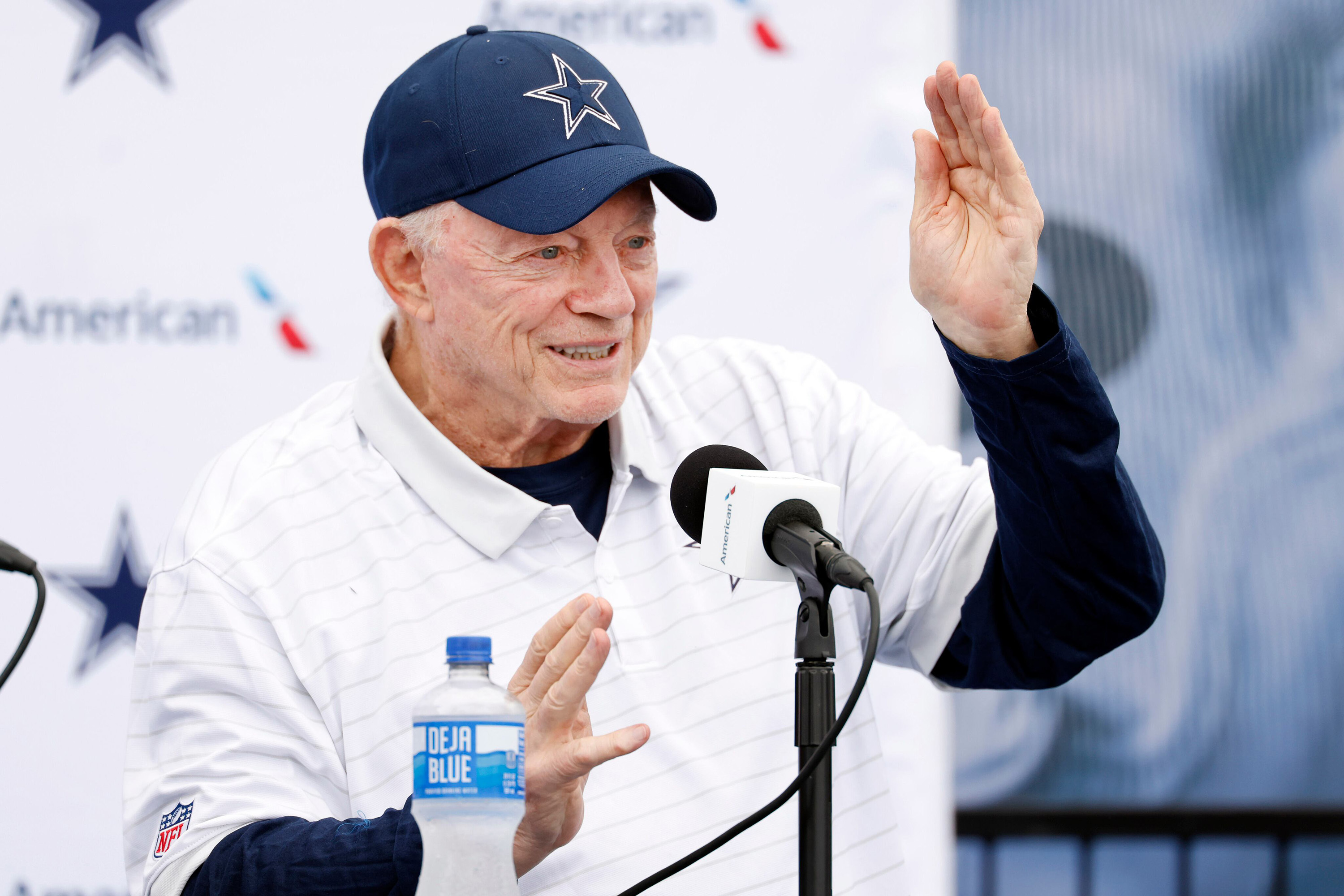 Dallas Cowboys Owner Jerry Jones responds to questions from the media during the 2025 Oxnard Training Camp opening press conference in Oxnard, California, July 21, 2025.