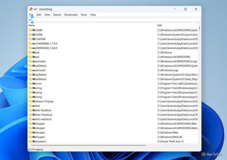 Searching for files starting with w in the Everything app.-1