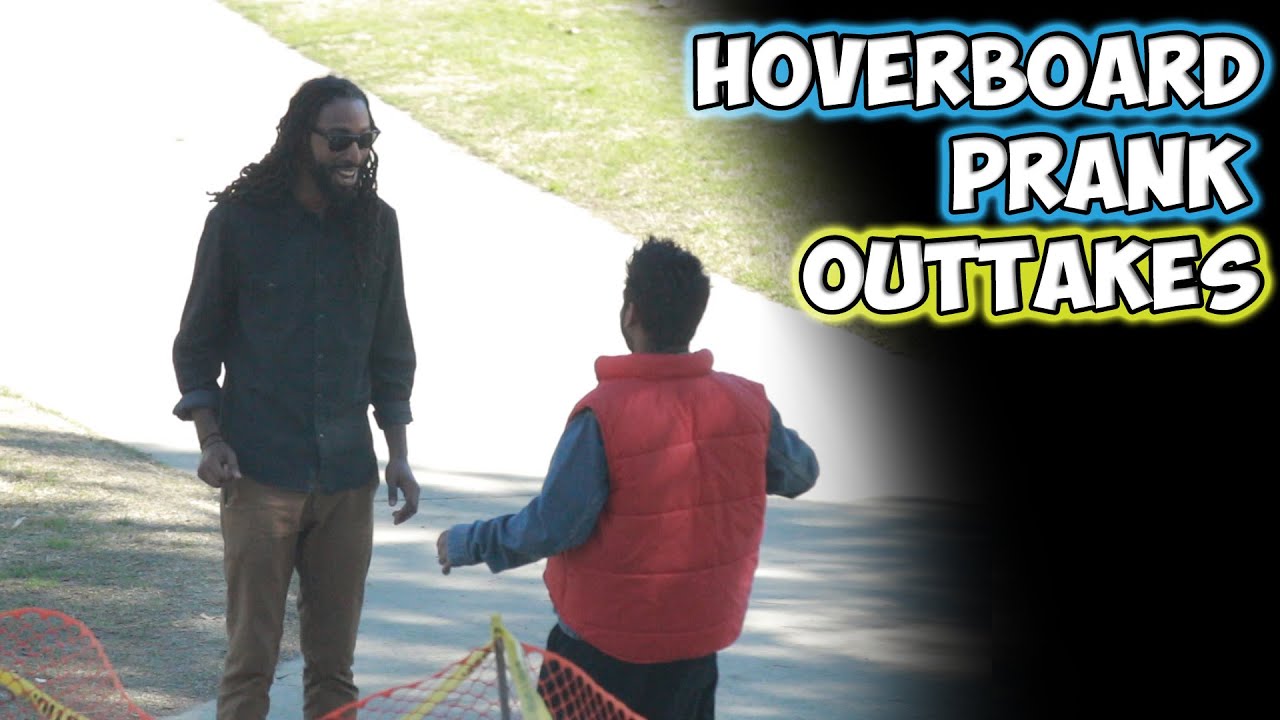 Funny outtakes show reactions to someone on a hoverboard