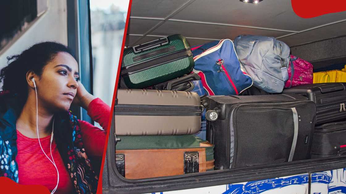 A woman looking stressed while travelling (l). Bags packed in the luggage compartment area of a bus (r) (photos for illustration). The incident occurred in New Zealand. Photo: martin-dm/Kypros. Source: Getty Images