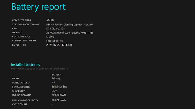 Battery report of an HP laptop.