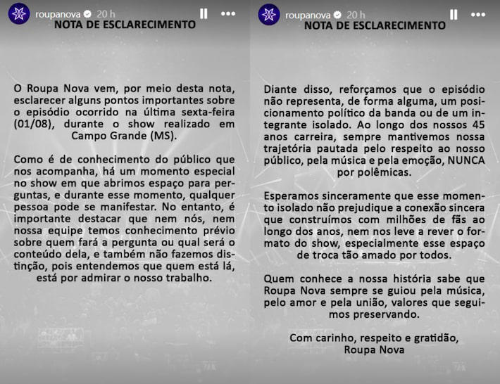 Grupo se manifestou por meio de nota afirmando que não sabia previamente quem faria perguntas no palco Foto: @roupanova via Instagram
