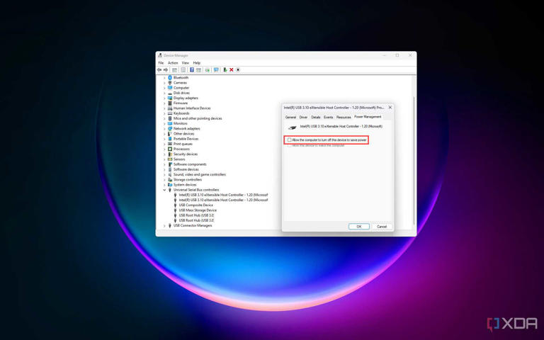 Allow computer to turn off this device option under USB properties