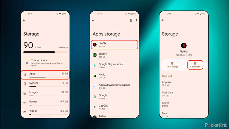Android clearing cache files screenshots
