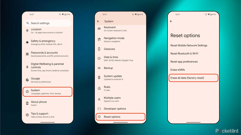 Android performing a factory reset screenshots
