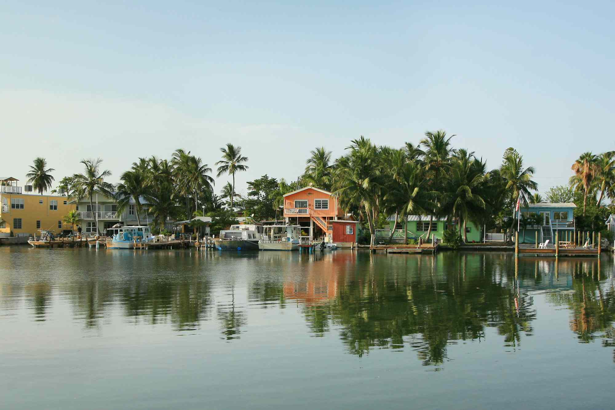 Colorful homes on the water in Islamorada, Florida.