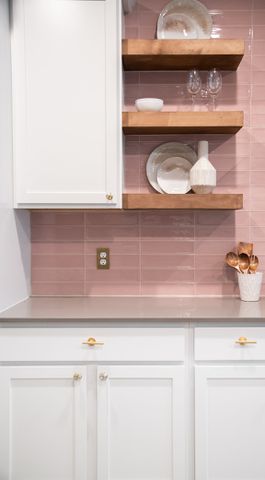 Kitchen with Upper Cabinet and Open Shelves Pink Backsplash