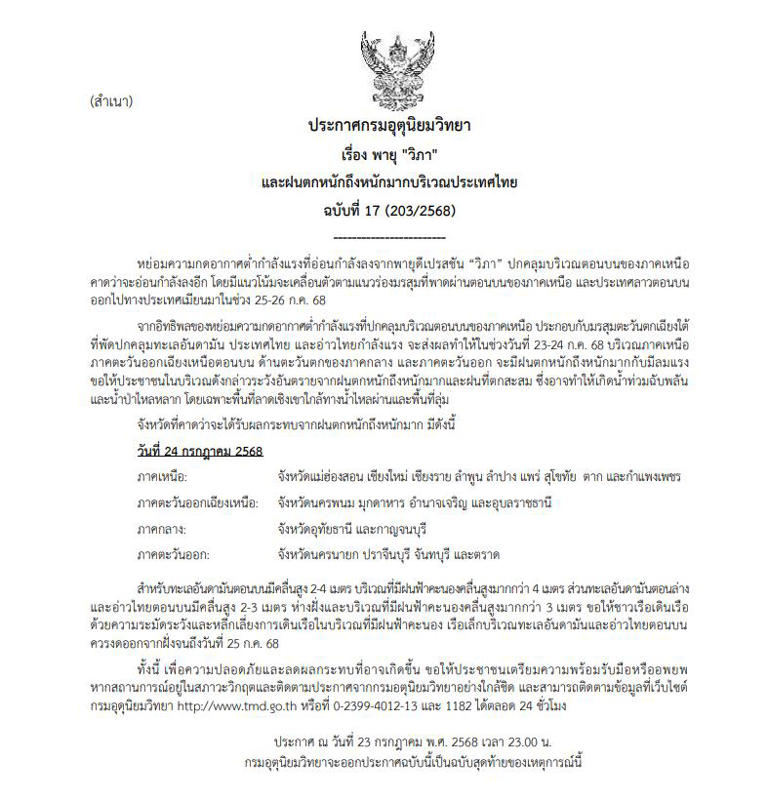 อุตุฯ เตือน “พายุวิภา” ฉบับสุดท้าย 19 จังหวัดระวังฝนตกหนักถึงหนักมาก