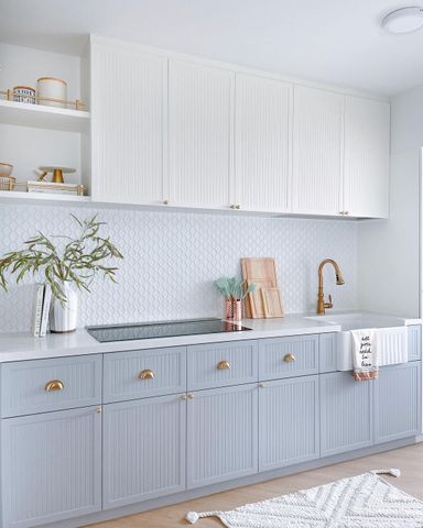 Soft blue and white kitchen