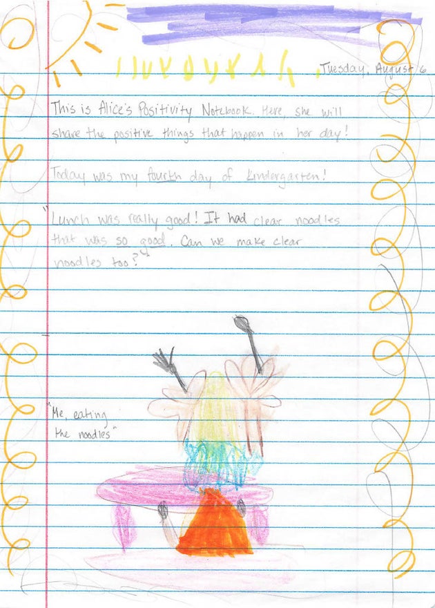 A scan of Alice's first journal entry with a drawing of her enjoying her