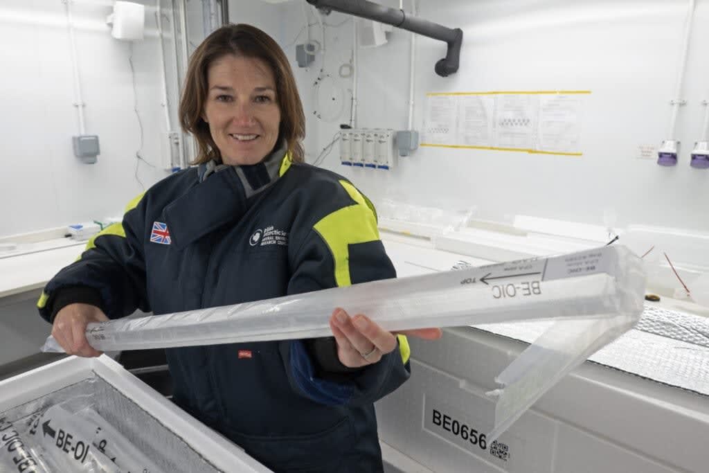 Dr Liz Thomas holding the oldest ice core. Credit: BAS.