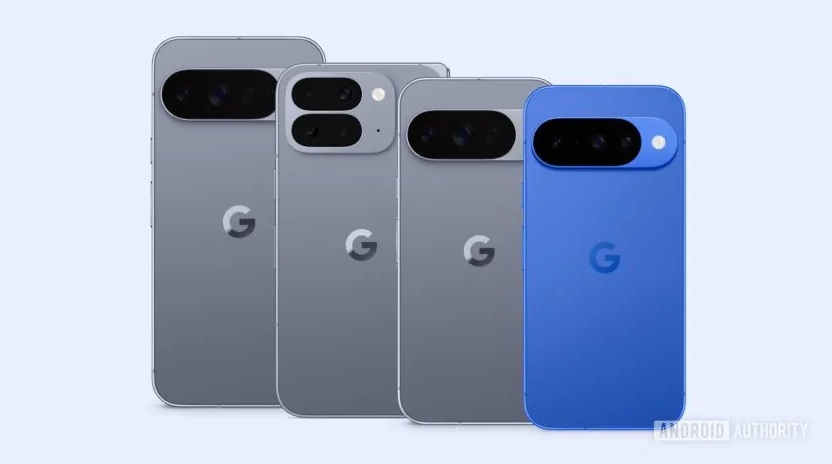 A leaked image of the entire Pixel 10 series (in moonstone and indigo), as leaked via a Play Store discovery.