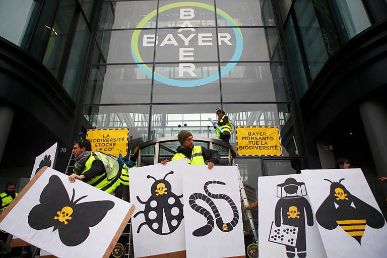 Французские активисты перед парижской штаб-квартирой Bayer AG в знак протеста против производства пестицидов, наносящих вред окружающей среде, в пригороде Парижа, 14 марта, 2019 AP Photo