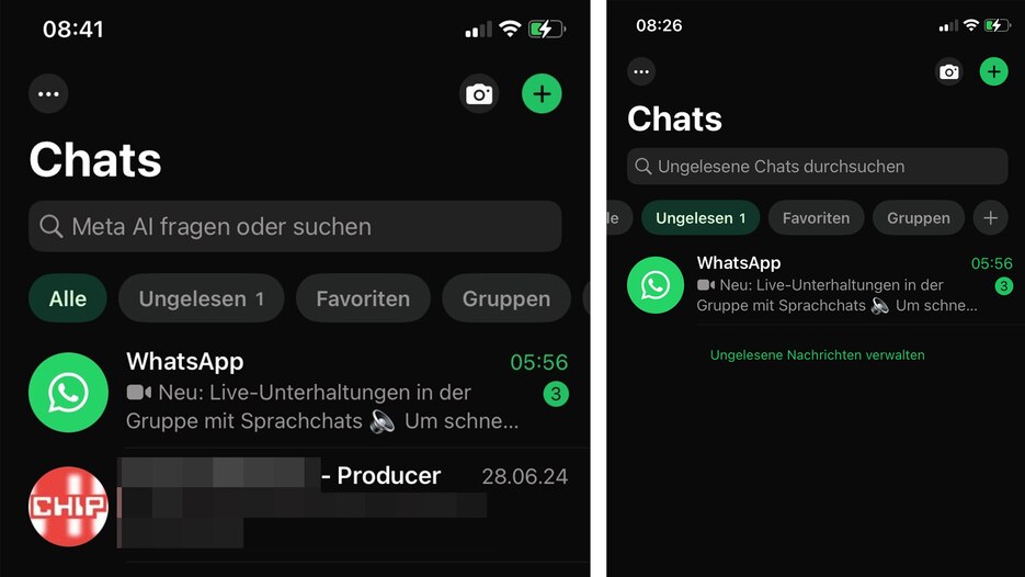 Durch Wischen nach unten können Sie im Chat-Fenster weitere Buttons einblenden.
