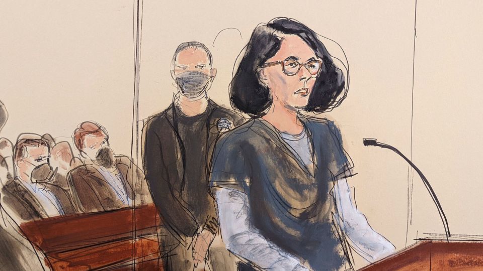 In this courtroom sketch, Ghislaine Maxwell gives her statement in federal court, in New York, on June 28, 2022. - Elizabeth Williams/AP