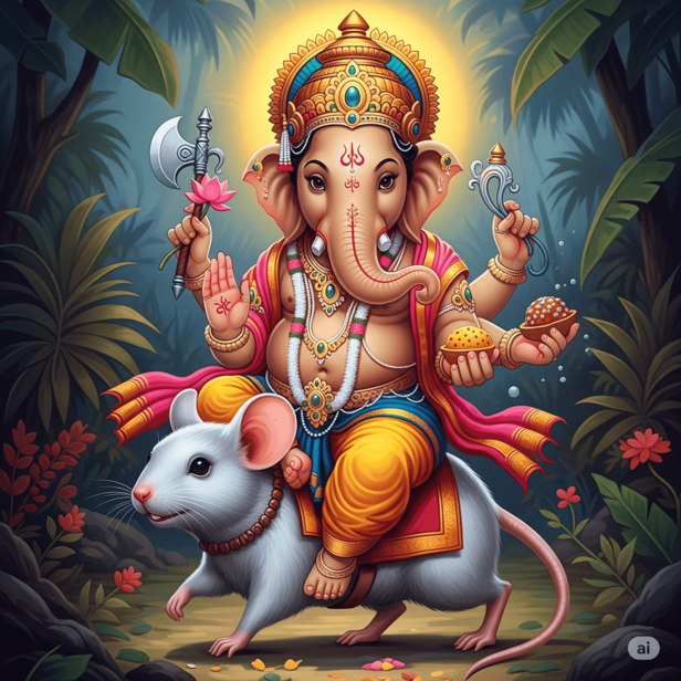 Ganesha and the mouse: Wisdom triumphs over obstacles.