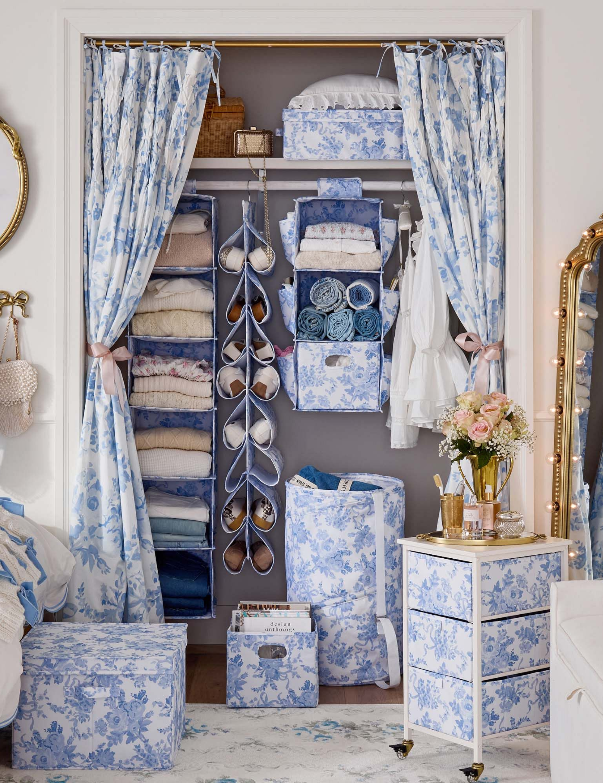 Pottery Barn x LoveShackFancy dorm closet storage organizers