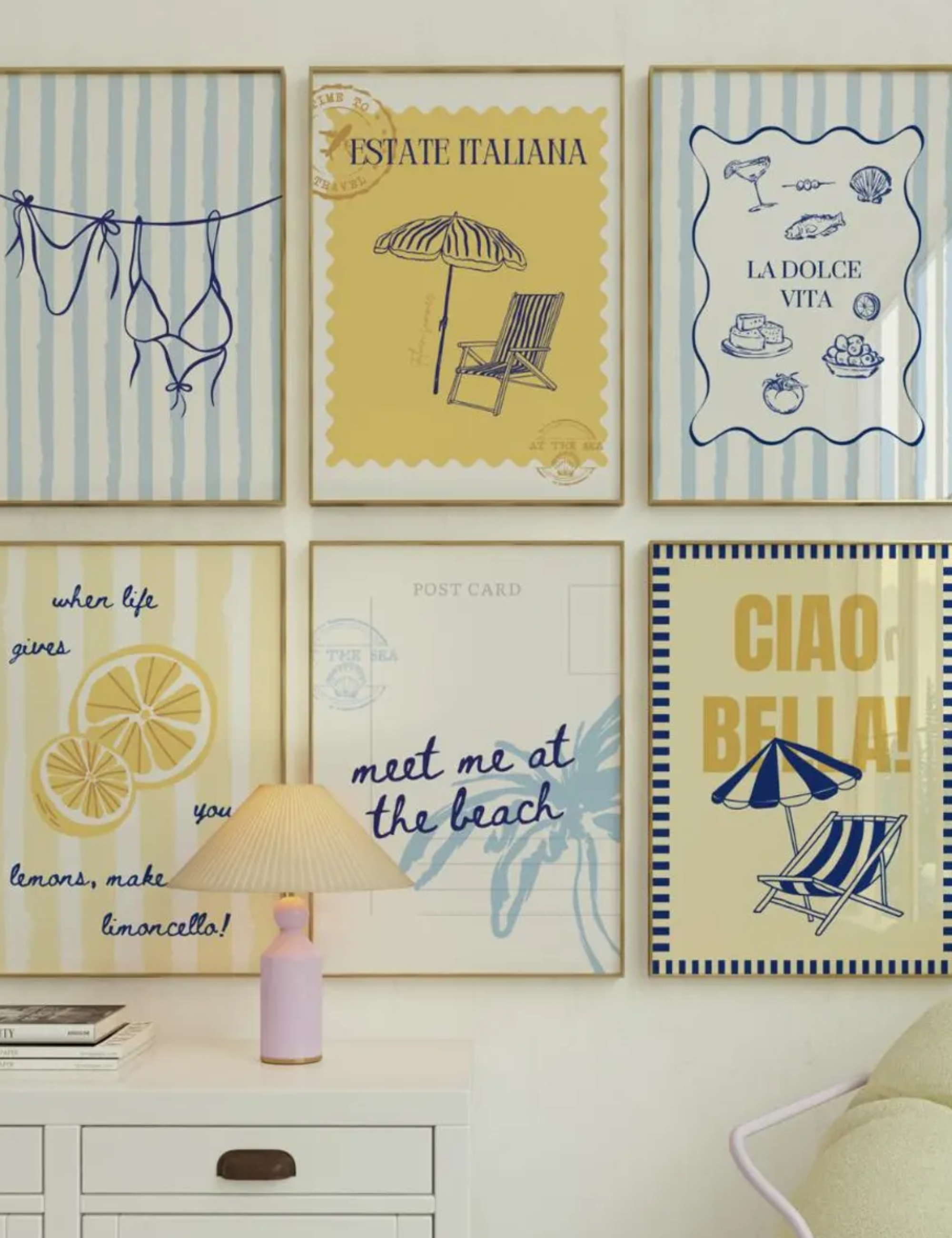 coastal dorm room with Italian inspired wall art