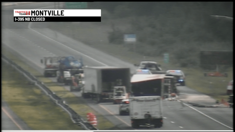 Overturned tractor-trailer closes section of I-395 in Montville