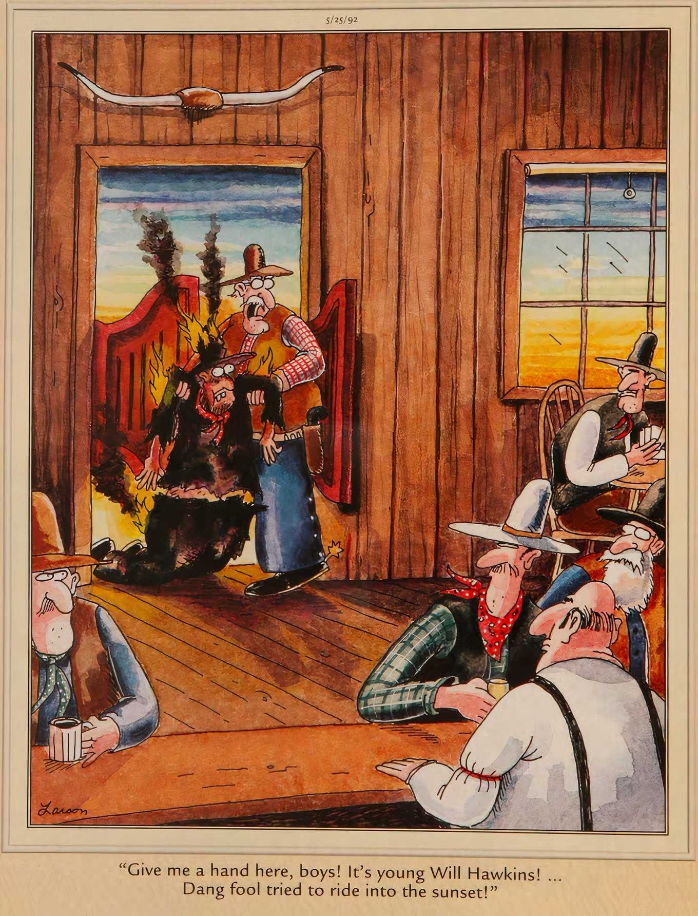 A cowboy attempts to ride off into the sunset and fails.