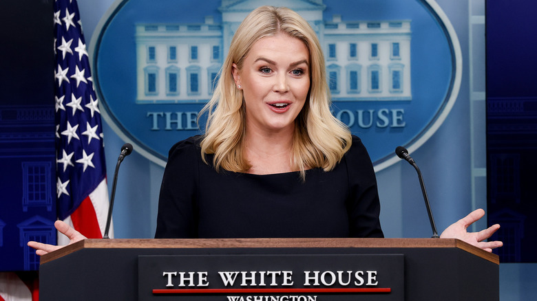 Karoline Leavitt speaking during a daily press briefing in the Brady Press Briefing Room