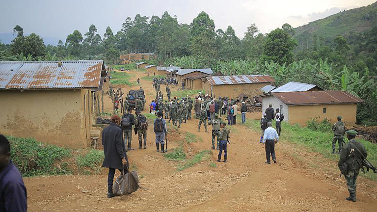 Democratic Republic of Congo Defence Forces gather in the North Kivu province village of Mukondi, on March 9, 2023.