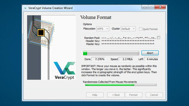Veracrypt Wizard creating a volume