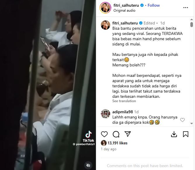 Geger Nikita Mirzani diduga main HP di sel jelang sidang, Fitri Salhuteru unggah videonya di Instagram.