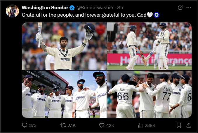 IND vs ENG 4th Test: ‘Forever grateful to you’ - Washington Sundar’s heartfelt post after first Test ton captures hearts