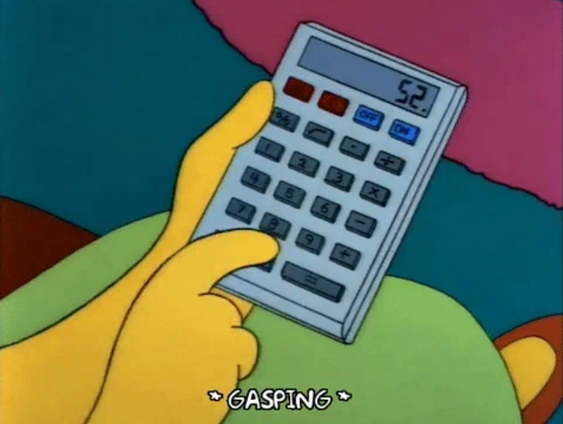 A cartoon hand presses buttons on a calculator, showing the number 52. Subtitles read "*gasping*"