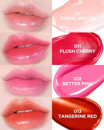 Four images of lips wearing different shades of lipstick: coral, cherry, pink, and red, with matching swatches