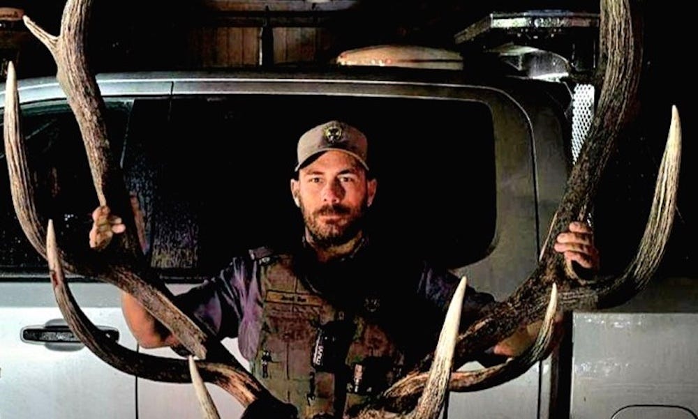 Conservation officer displays antlers of poached elk.
