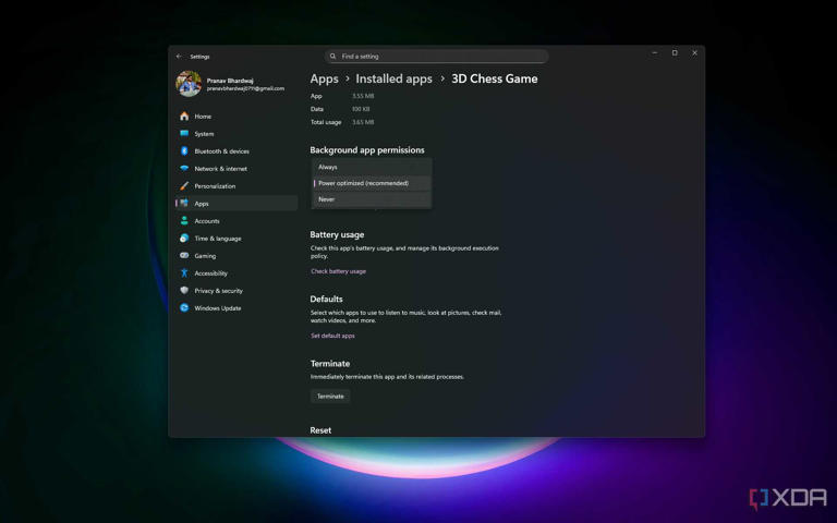 Background app permissions of 3D Chess Game