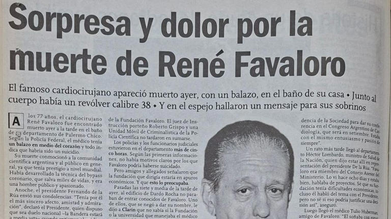 "Sorpresa y dolor por la muerte de René Favaloro", titulaba el diario Clarín. (Fuente: Cedoc Perfil)