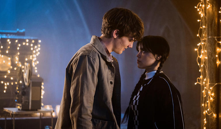 Wednesday. (L to R) Hunter Doohan as Tyler Galpin, Jenna Ortega as Wednesday Addams in episode 107 of Wednesday. Pic: Netflix