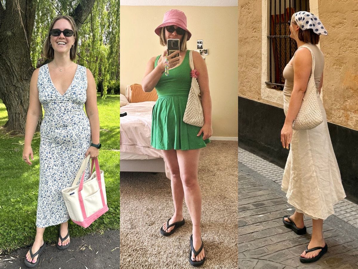 An array of the author wearing summer outfits and her favorite wide-foot flip flops with arch support.