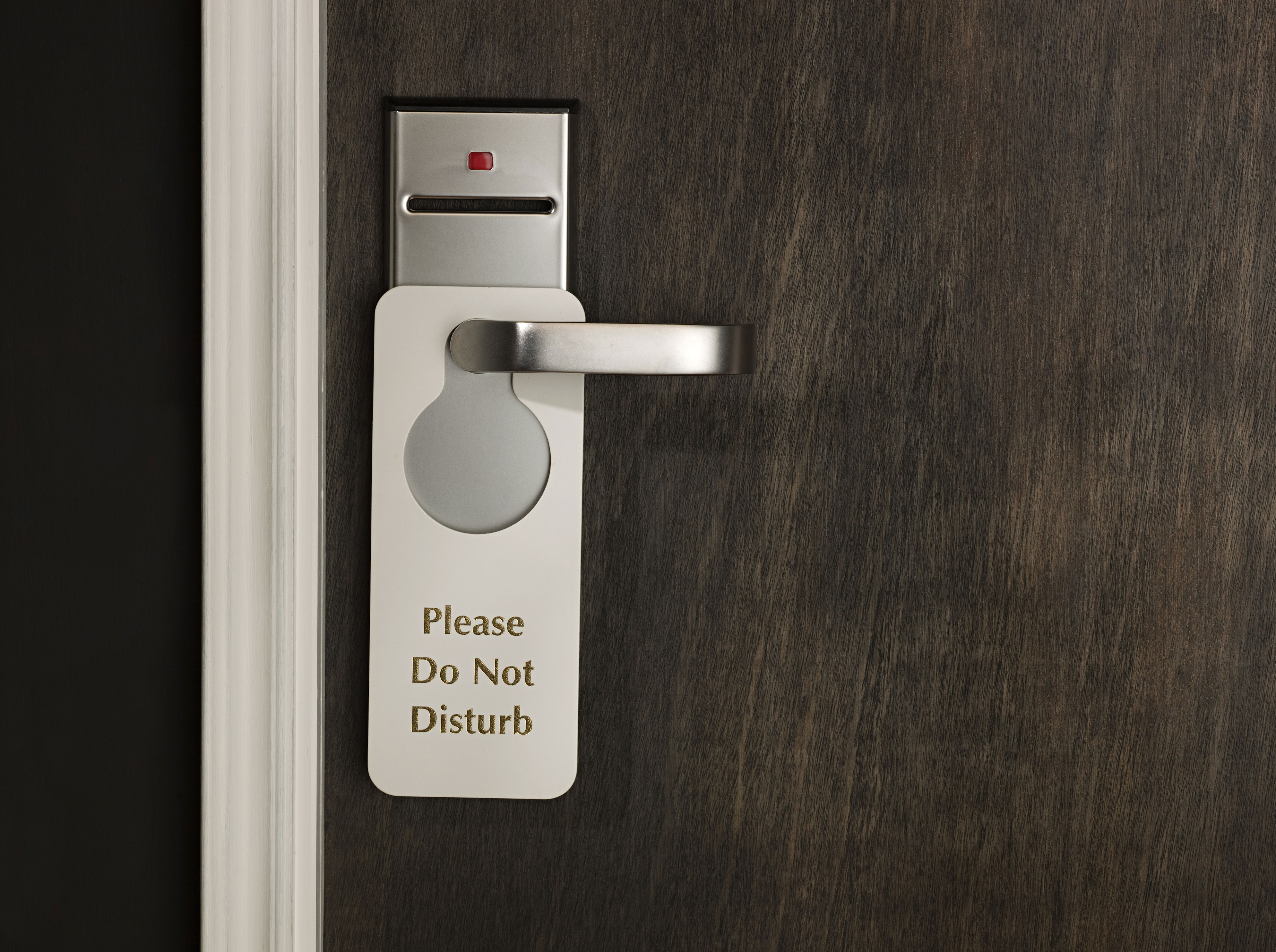 "Please Do Not Disturb" sign hangs on a hotel room door handle