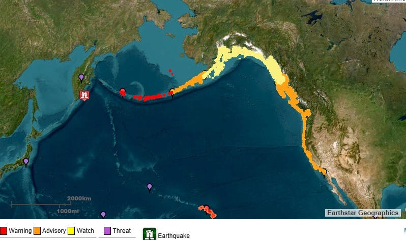A map of the tsunami warnings, advisories and watches from the National Weather Service as of 10:30 p.m. E.T. on July 29, 2025
