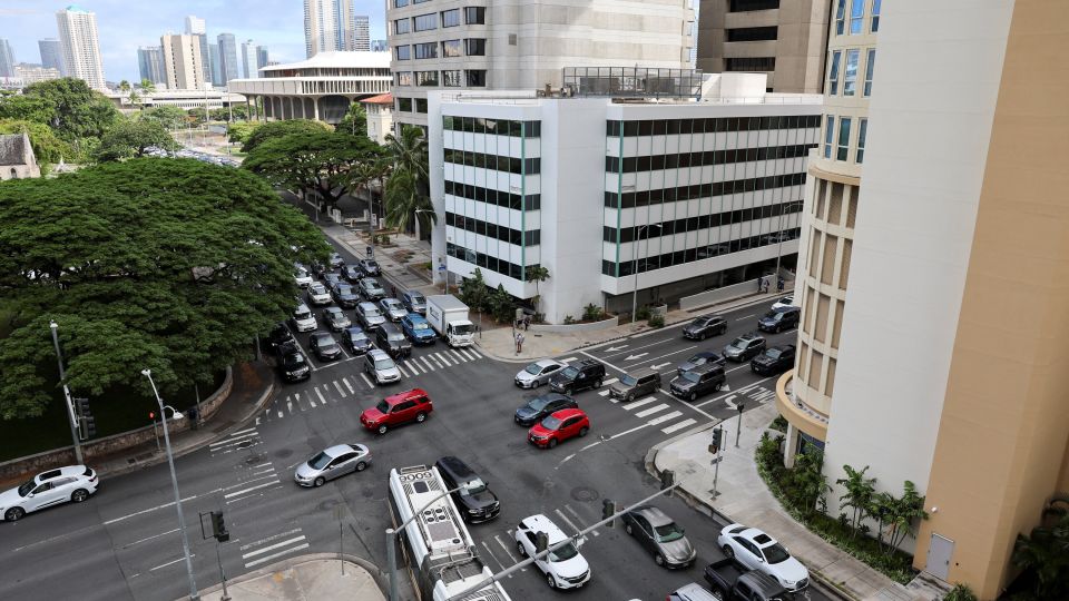Traffic builds on S Beretania Street near downtown Honolulu after authorities warned residents of the possibility of destructive tsunami waves, in Honolulu, Hawaii, on Wednesday. - Marco Garcia/Reuters